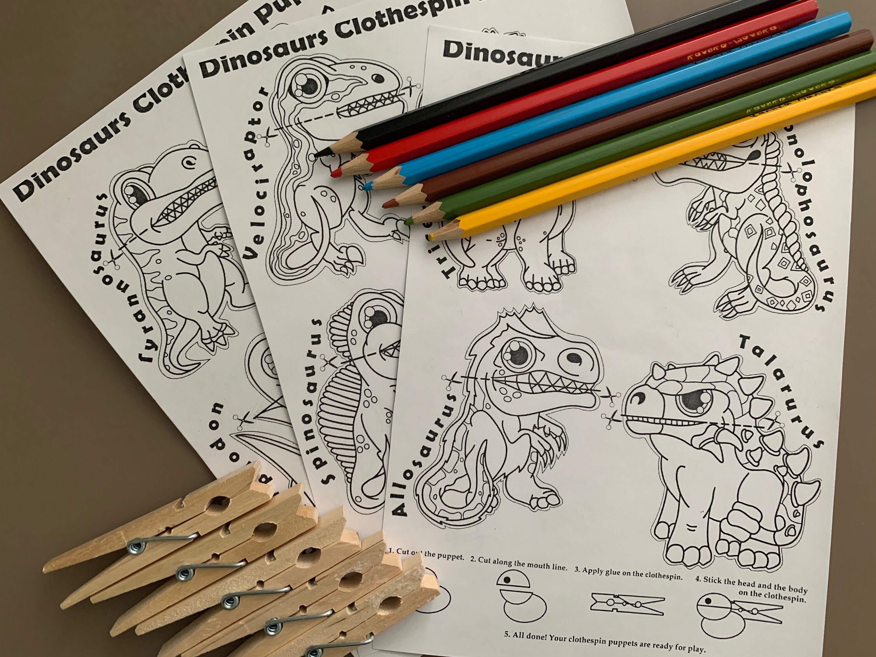 Dinosaurs Clothespin Puppets Coloring Pages PDF Pattern | Etsy