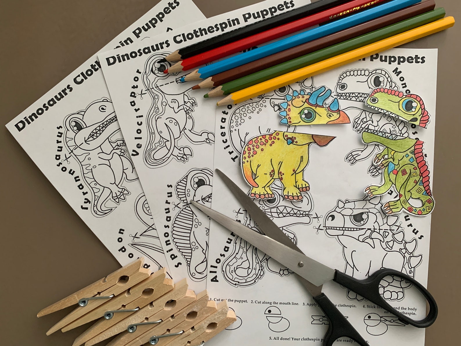 Dinosaurs Clothespin Puppets Coloring Pages PDF Pattern Etsy