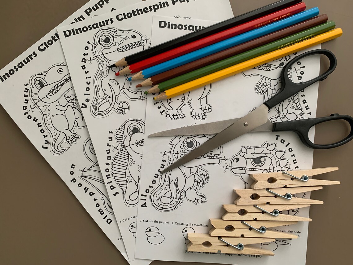 Dinosaurs Clothespin Puppets Coloring Pages PDF Pattern Etsy