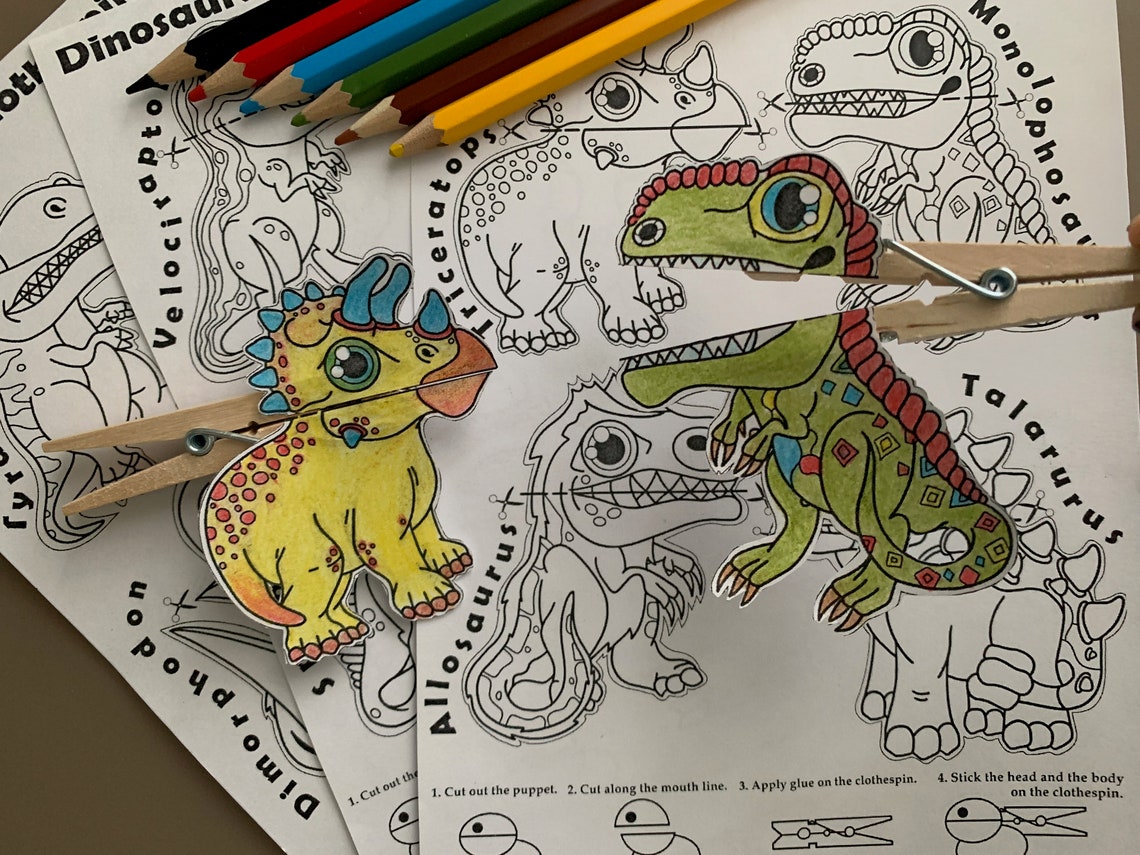 Dinosaurs Clothespin Puppets Coloring Pages PDF Pattern | Etsy