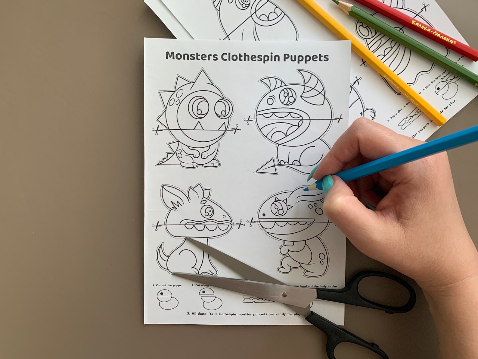 Coloring Pages PDF Pattern Monsters Clothespin Puppets Fine Etsy