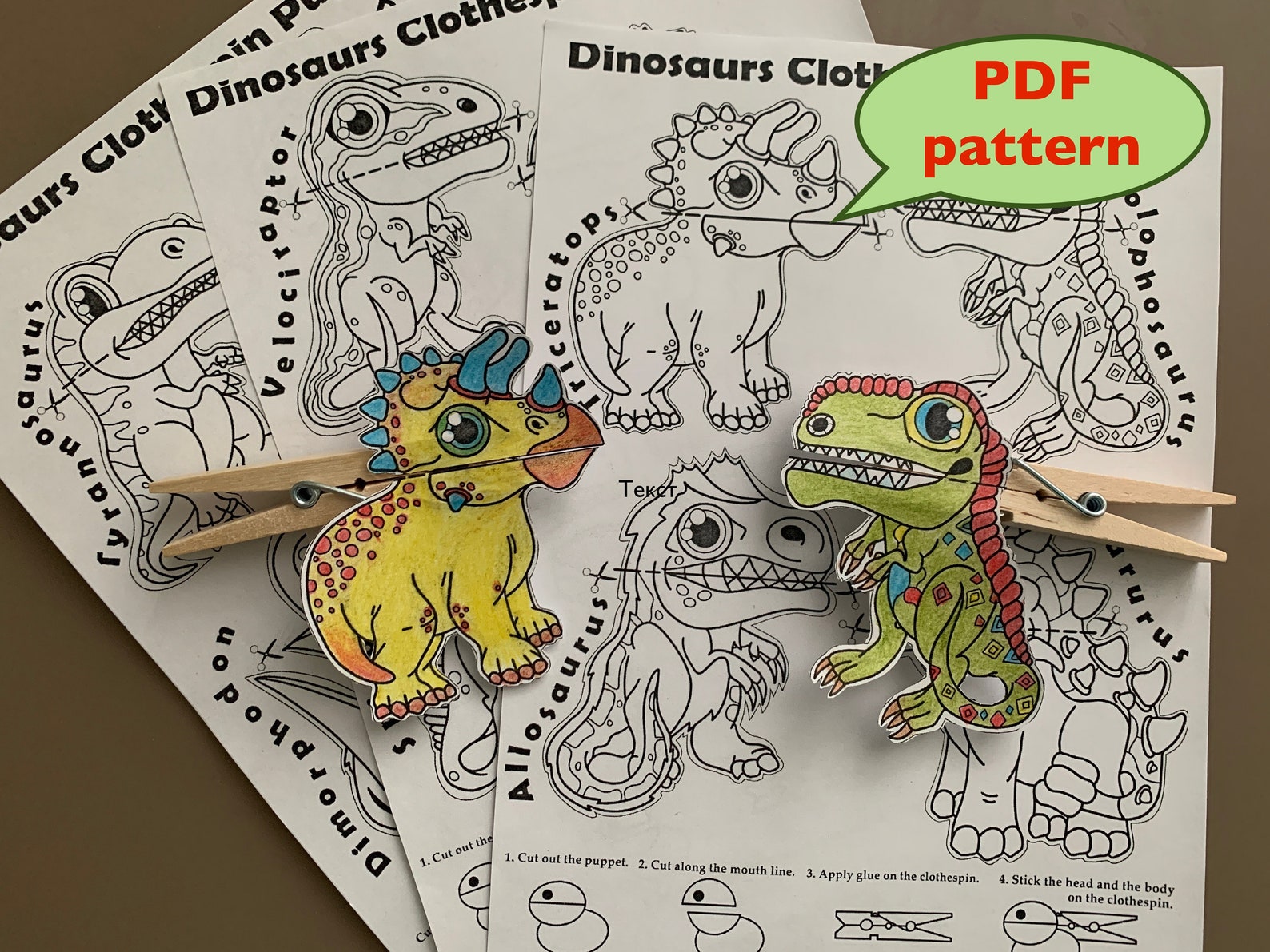 Dinosaurs Clothespin Puppets Coloring Pages PDF Pattern Etsy