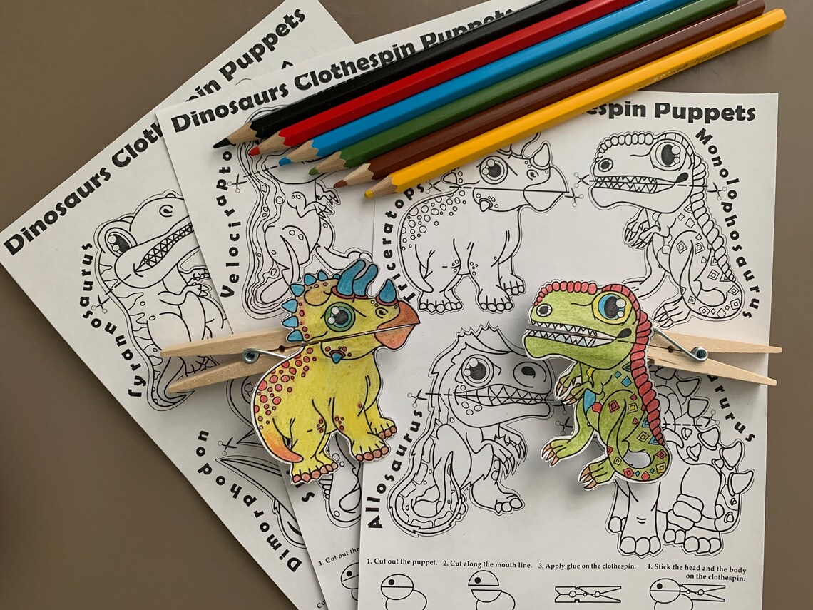 Dinosaurs Clothespin Puppets Coloring Pages PDF Pattern Etsy