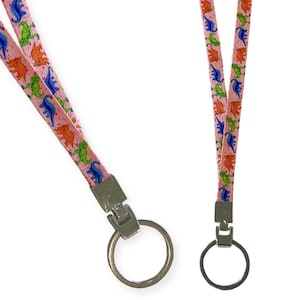 Dinosaur Lanyard Pink Confetti Keychain ID Holder Made From Recycled Fabric 10mm Width Flat Premium Fun Design