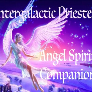 May include: A digital illustration of an angel with white wings and long white hair, wearing a white dress. The angel is sitting on a snowy cliff with a purple and pink sky in the background. The text "Intergalactic Priestess Angel Spirit Companion" is written in white cursive letters.