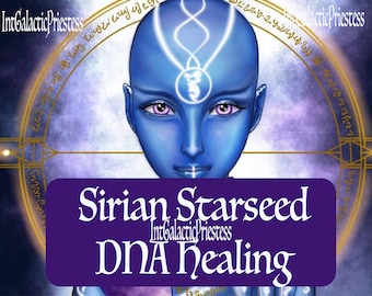May include: A digital illustration of a blue-skinned person with purple eyes, surrounded by a gold circle with text. The text reads "Sirian Starseed DNA Healing" and "IntGalacticPriestess".