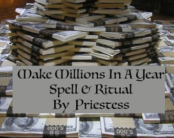 Puede incluir: Una pila de billetes de dólar estadounidense con el texto "Make Millions In A Year Spell & Ritual By Priestess" en la parte superior.