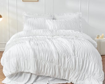 3PC Comforter Set Bedding - Ruched Comforter Bed Set Boho Shabby Chic Bedding for Bedroom  Comforter Set with White Bedding Soft and Luxury