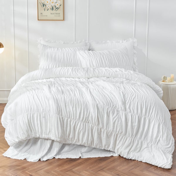 3PC Comforter Set Bedding - Ruched Comforter Bed Set Boho Shabby Chic Bedding for Bedroom  Comforter Set with White Bedding Soft and Luxury