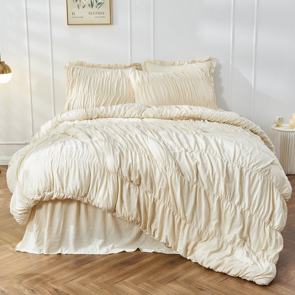 Parure de lit couette 3 pièces - Couette queen-size froncée parure de lit shabby chic bohème et literie pour chambre à coucher avec literie en blé douce et luxueuse