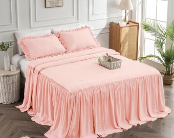 Ensemble jupe et jupe de lit king size à volants, couvre-lit, couvre-lit, literie, décoration de chambre, jupe de lit confortable avec 2 taies d'oreiller