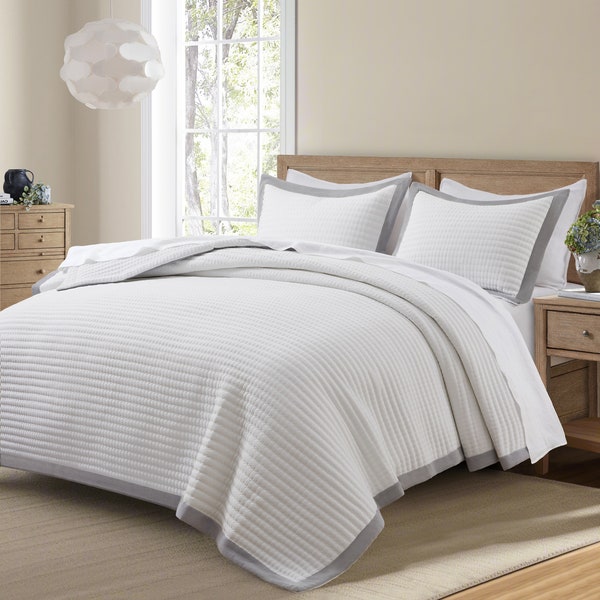 Farmhouse Quilt Set,Bedding Bedspread Coverlet Soft Striped Stitch Summer Lightweight,Quilt Bed Sets with 2 Pillow Shams for Home All Season