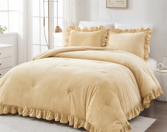 Parure de lit en velours – Parure de lit 3 pièces douce, moelleuse et épaisse, avec 2 taies d'oreiller à volants, confort en polaire d'hiver pour chambre à coucher
