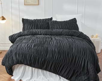 100% Polyester Comforter Bedding Set - Ruched Comforter Bed Set Shabby Bedding for Bedroom Comforter Set with Black Bedding Soft and Luxury