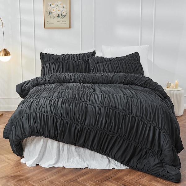 100% Polyester Comforter Bedding Set - Ruched Comforter Bed Set Shabby Bedding for Bedroom Comforter Set with Black Bedding Soft and Luxury