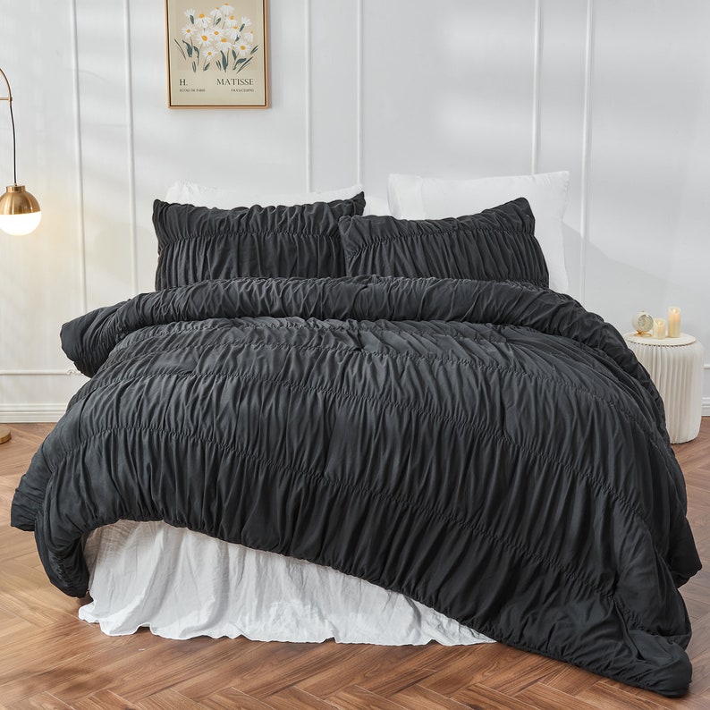 Parure de lit couette 3 pièces Couette queen-size froncée parure de lit shabby chic bohème et literie pour chambre à coucher avec literie en blé douce et luxueuse Noir