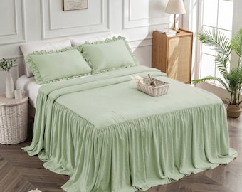 Bedding Skirt Set Queen King Size, Bedding Bed Spread Ruffle Bedroom Soft, Polyester Decor Bedspread Set,Bedding Set Comfy with Pillow Shams