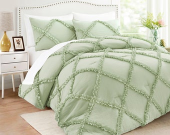 Bonlino Bettdecke, leichte, weiche Bettwäsche, gewaschen, gerüscht, für Schlafzimmer, Bettdeckenbezug, Geschenk für Sie, King-Size-Bettbezug, grün
