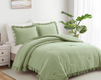 Ensemble de couette : couvre-lits, ensemble de courtepointe à volants, grand lit king-size pour chambre à coucher, 1 édredon et 2 taies d'oreiller en polyester, décor bohème, vert