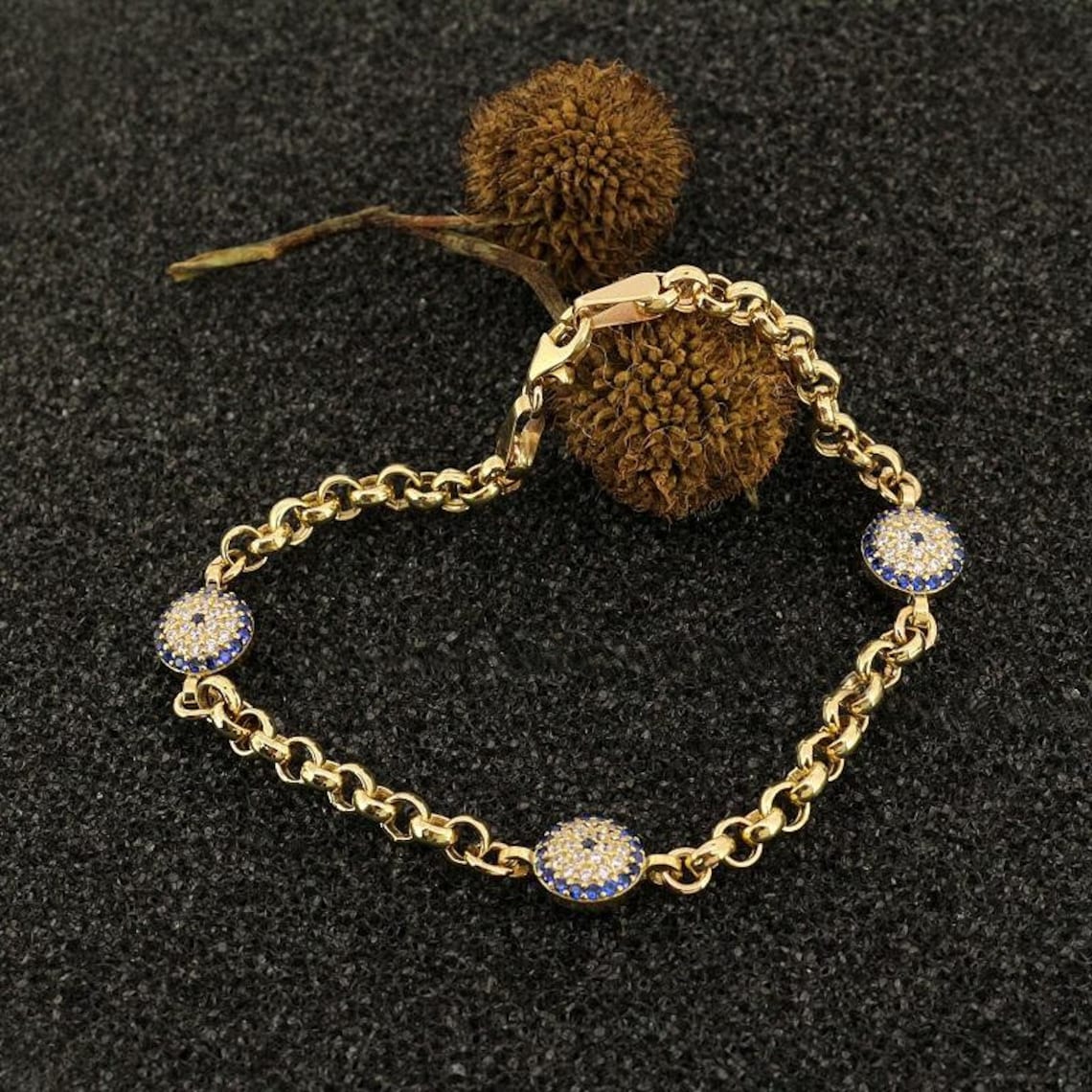 14k Solid Gold Evil Eye Bracelet Etsy
