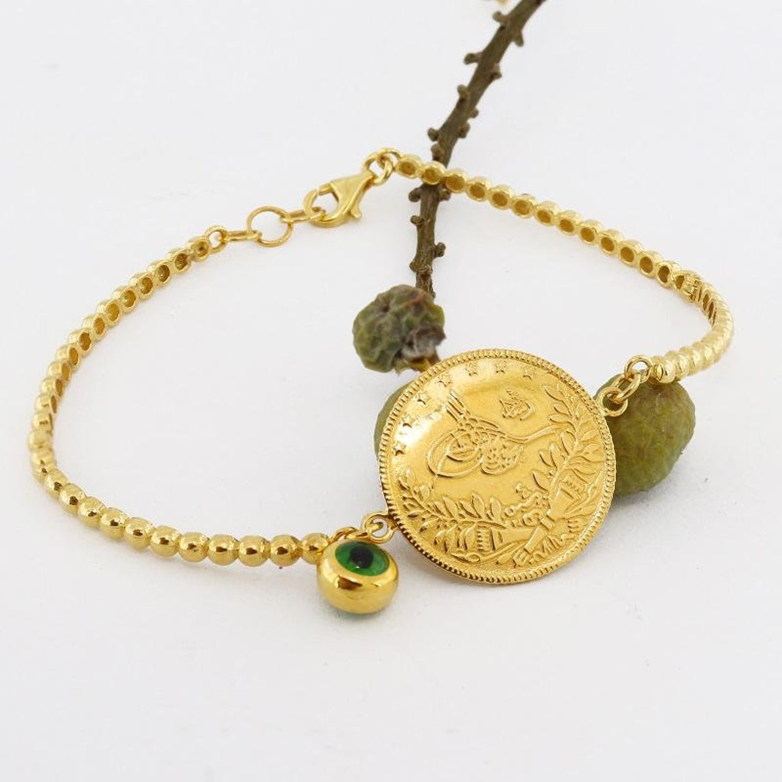 22k Coin and 14k Solid Gold Turkish Lira Bracelet Etsy