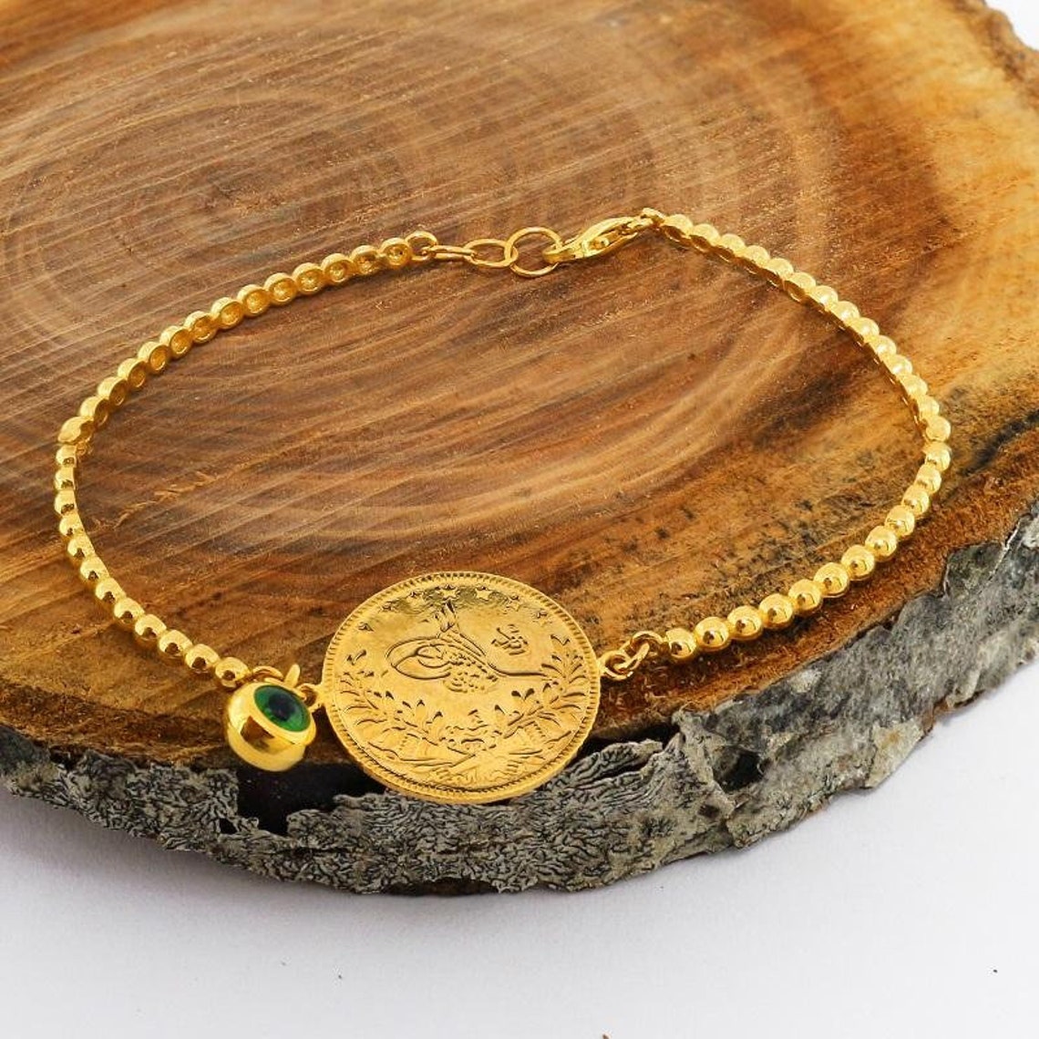 22k Coin and 14k Solid Gold Turkish Lira Bracelet | Etsy