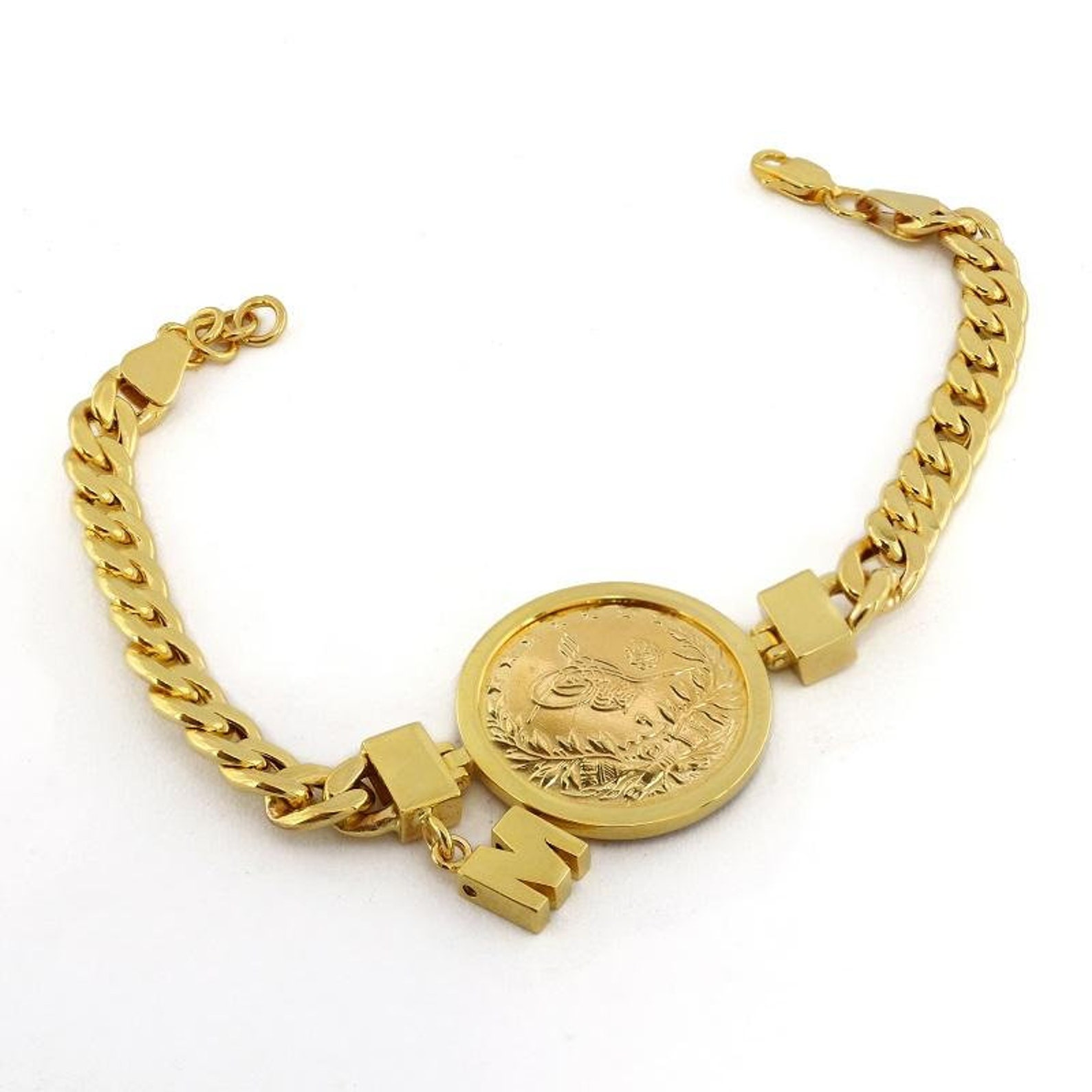 22k Coin and 14k Solid Gold Letter Turkish Lira Bracelet | Etsy