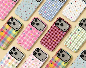 Cute Plaid Star Case For iPhone 18 17 16 15, iPhone Case for 14 13 12 18 Pro Max, Matte/Glossy 14 15 Plus Case, iPhone12/13 Mini Case