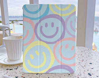 Kawaii Color Smile Art iPad Case 7th Generation iPad Case with Pencil Holder iPad Case 9 Generation 10.2 Soft Back Cover For iPad Air 4/5
