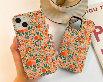 Orange Floral Phone 15/7/12/13 Mini Case iPhone 15 1411 Pro XR XS SE Case iPhone 14 13 12 11 Pro Max Case 15 Plus Case iPhone Cover