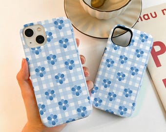 Blue Plaid Flowers Case For iPhone 17 16 15, iPhone Case for 14 13 12 Pro Max, Matte/Glossy 14 15 Plus Case, iPhone12/13 Mini Case