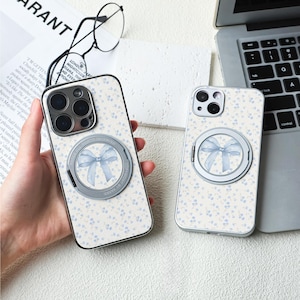 ブルーフローラルボウ iPhone ケース、Magsafe iPhone 16/15 ケース、iPhone 14/13/12 レザーマグネット、iPhone 7/8/12/13 Mini ケース XR XS SE ケース