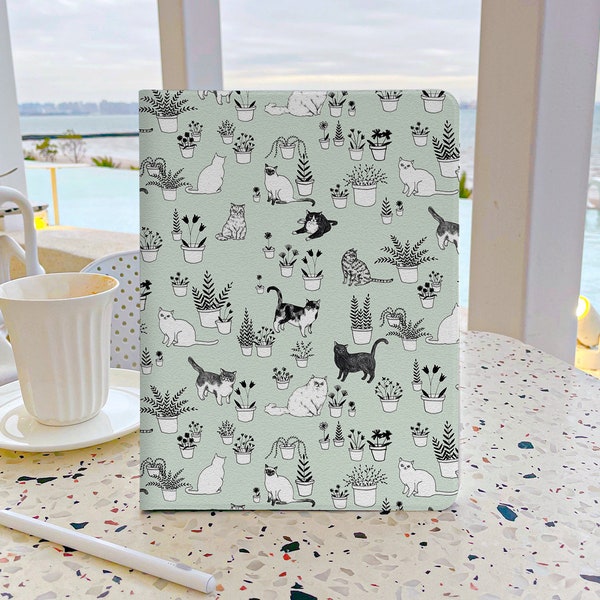 Cute Cat And Plant iPad Case 7th Generation iPad Case with pencil holder iPad Case 9 Generation 10.2 Soft Back Cover For iPad Air 4