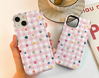 Liggt Pink Plaid Stars Case For iPhone 18 17 16 15, iPhone Case for 14 13 12 Pro Max, Matte/Glossy 14 15 Plus Case, iPhone12/13 Mini Case