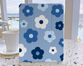 Blue Floral Flowers iPad Case 7th Generation iPad Case with pencil holder iPad Case 9 Generation 10.2 Soft Back Cover For iPad Air 4