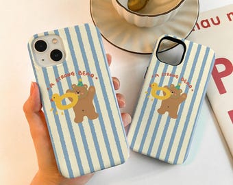 Blue Striped Bear Case For iPhone 17 16 15, iPhone Case for 14 13 12 Pro Max, Matte/Glossy 14 15 Plus Case, iPhone12/13 Mini Case