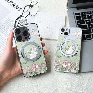 かわいい草むらのウサギのiPhoneケース、Magsafe iPhone 16/15ケース、iPhone 14/13/12レザーマグネットケース、iPhone 7/8/12/13 MiniケースXR XS SEケース