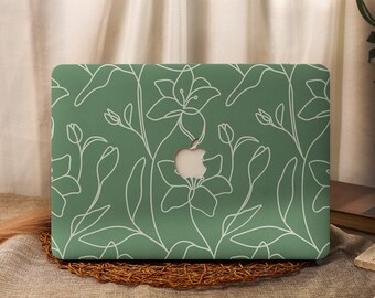 Funda para MacBook con diseño de flores de línea verde para MacBook Pro 16, 15, Air 15, 14, 13 y 11 pulgadas, MacBook Retina 15, 13 y 12 pulgadas, funda para portátil Apple 2023 y 2022, A2941
