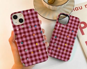Burgundy Pink Gingham Star Case For iPhone 18 17 16 15, iPhone Case for 17 18 Pro Max, Matte/Glossy 14 15 Plus Case, iPhone12/13 Mini Case