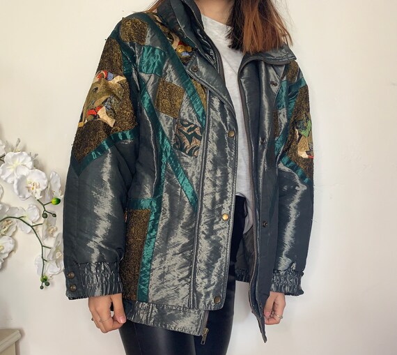 80s Metallic Teal Patchwork Multicolor Layered Puf