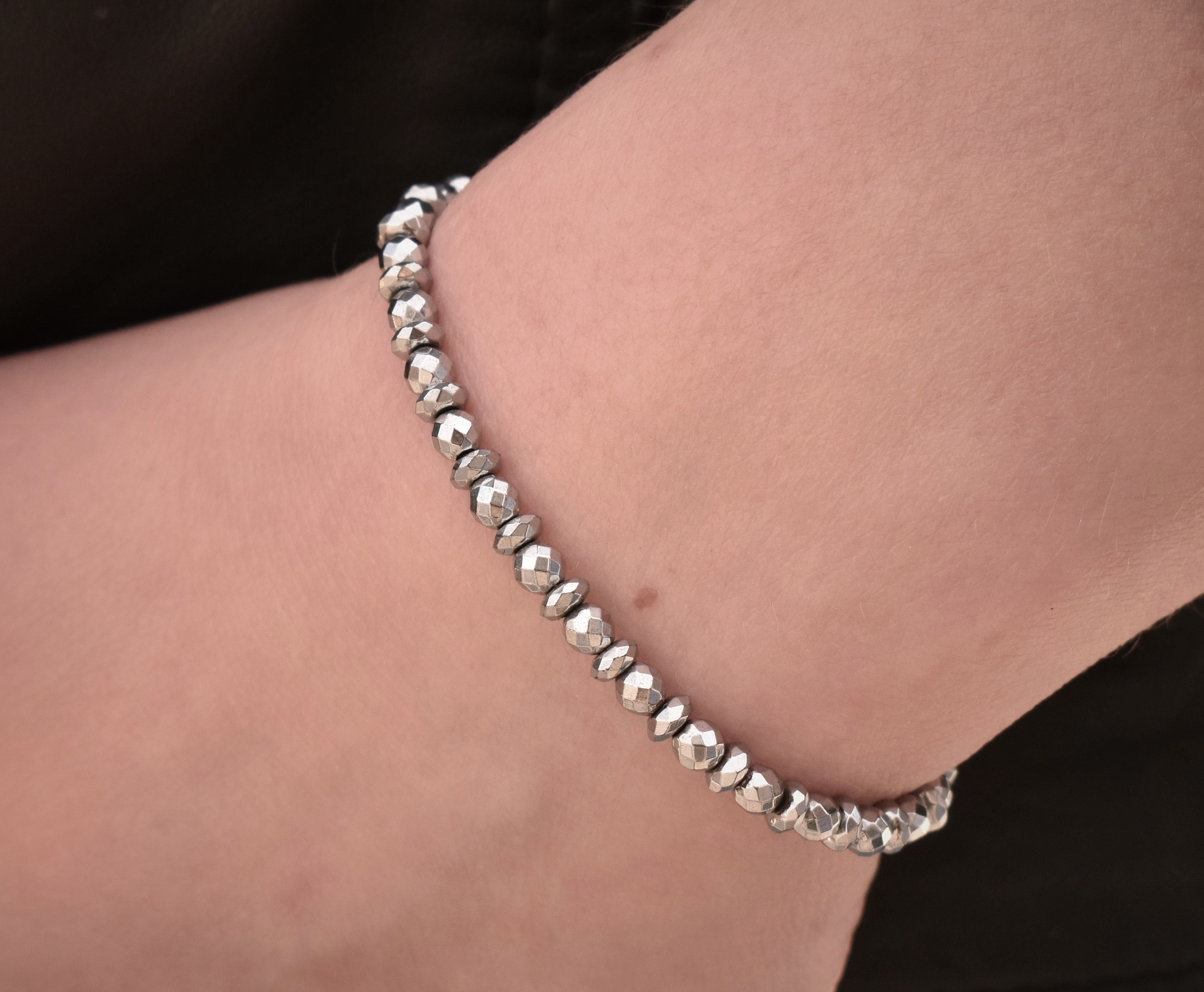 Bead Silver Hematite Bracelet Faceted Silver Hematite Etsy