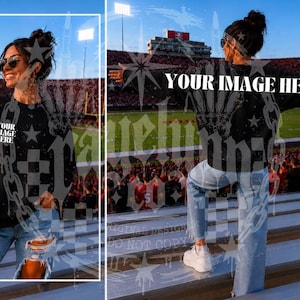 May include: A black long-sleeve sweatshirt featuring the text YOUR IMAGE HERE on the front and back. The garment is paired with light blue distressed denim jeans. The design includes graphic elements of stars, chains, and skeletal hands.