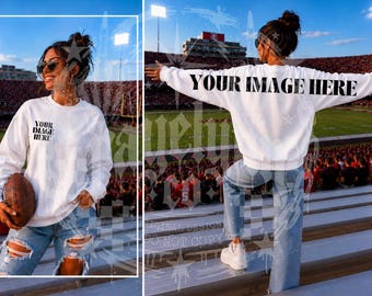May include: A white long-sleeve sweatshirt featuring the text YOUR IMAGE HERE on the front left chest and across the back. The sweatshirt is paired with light blue distressed denim jeans. The garment is shown from both front and back views.