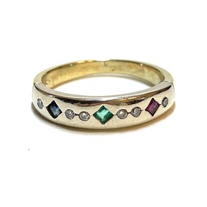 14k geel en witgouden ring met robijn, smaragd, saffier en diamant