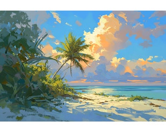 Florida Coastal Wall Art Siesta Key Beach Painting Panoramic Landscape Art Abstract Ocean Print Modern Nature Print Blue Green Wall Decor