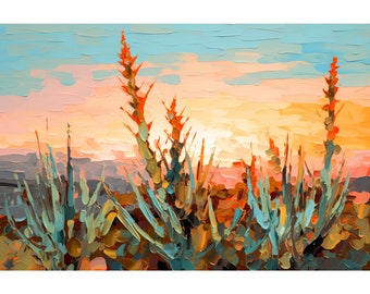 May include: An impressionistic painting of a desert landscape at sunset. Tall, spiky plants with orange and green hues are in the foreground. The sky transitions from light blue to orange and yellow, with brushstrokes creating texture.