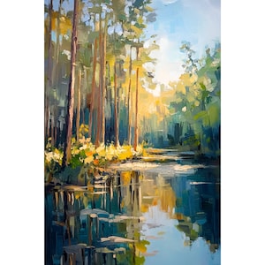 May include: A painting depicting a forest scene with a river flowing through it. The trees are tall and slender, with green leaves and brown trunks. The river is calm and still, reflecting the trees and the sky. The sky is a bright blue, with white clouds.