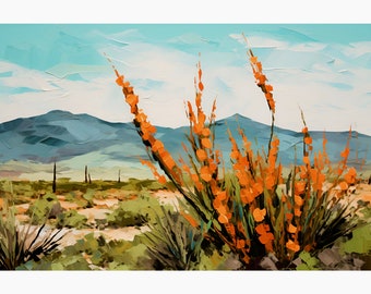 Ocotillo Botanical Painting Big Bend National Park Print Texas Desert Landscape Art Panoramic Mountains Wall Art San Antonio Travel Art