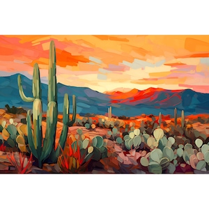 Organ Pipe Cactus Print Arizona Cacti Wall Art Sunrise Southwestern Painting Desert Landscape Print Tucson Travel Poster