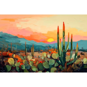 Arizona Desert Sunset Print Camelback Mountain Landscape Painting Western Decor Colorful Cactus Yucca Ocotillo Wall Art Botanical Art Print